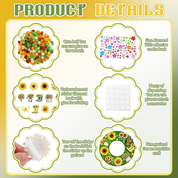 Wavwavw 704 Pcs Summer DIY Craft Kits Summer Wreath Hanging Ornaments Sunflower Craft Kit Wreath Arts Decorations with Butterflies House Boots Felt Stickers for Party Activities Home Decor