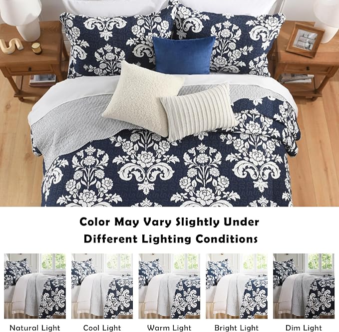 Navy Blue Quilt Set King Size, 100% Cotton Reversible Farmhouse Quilt with Elegant Botanical Floral Pattern, Scalloped Edge Bedspread Coverlet, Lightweight All Season Bedding Set with 2 Shams