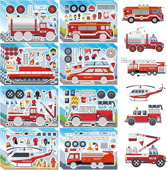24 Sheets Truck Stickers for Kids, Make a face Sticker, Make Your Own Fire Truck Stickers with 8 Designs Fire Themed Truck for Kindergarten Birthday Gift Classroom Fire Party Favors