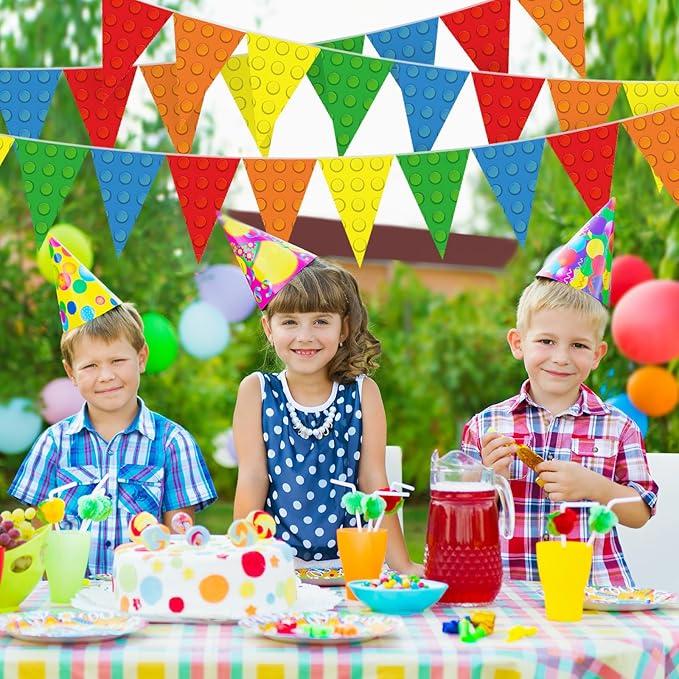 Tiamon 5 Pcs Building Block Birthday Party Decorations Colorful Blocks Bricks Triangle 49.2 Ft Flag Red Blue Yellow Pennant Banner Garland Streamer for Birthday Baby Shower Brick Themed Party Supply
