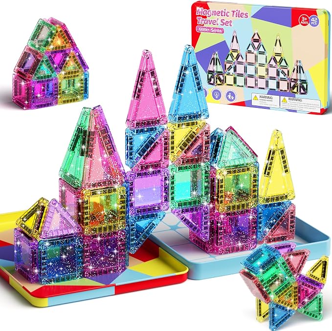 42 Pcs Mini Travel Glitter Magnetic Tiles Magnetic Block Set with Storage Box - STEM Educational Sensory Preschool Building Toy for Toddlers, Ideal Kids Gifts for Ages 2 3 4 5 6
