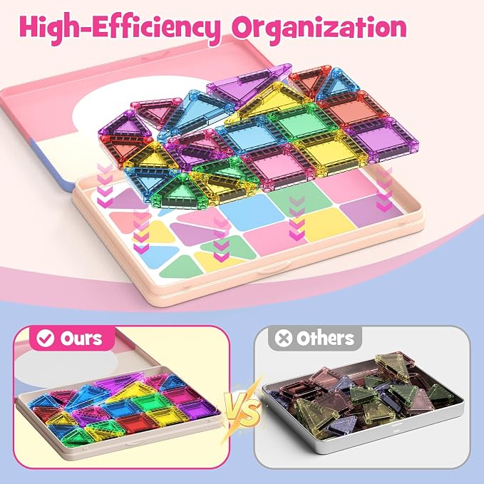 WMXDU Mini Magnetic Tiles with Iron Box, 42PCS Travel Size Magnet Building Blocks Toy Set, Protable Construction Block Toys Educational Learning Sensory Toys for 3+ Year Old Boys Girls Birthday Gift
