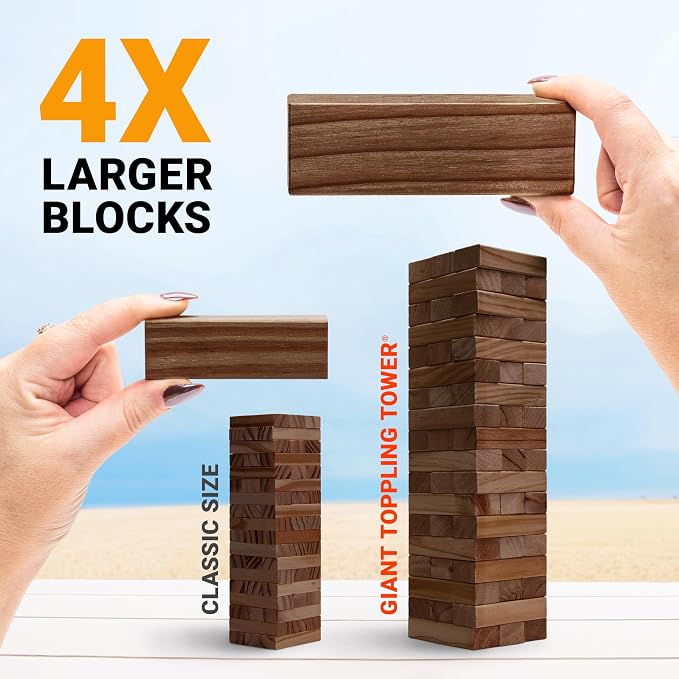 GoSports Giant Wooden Outdoor Stacking Game – Stacks Up to 3 ft – Large Toppling Tower with Case for Yard Games, Family Game Night, Camping, and Parties