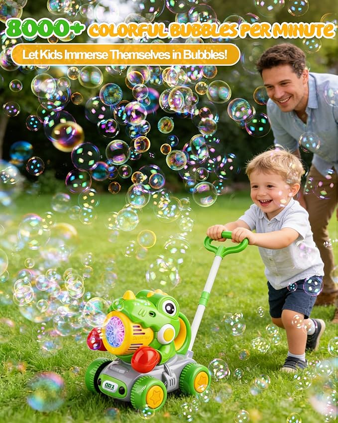 2PCS Dinosaur Bubble Lawn Mower for Toddlers, Rechargeable Automatic Bubble Blower with Lights,Handheld and Push 2 in1 Bubble Blower for Kid, Perfect for Party Favors and Activities for Girls and Boys