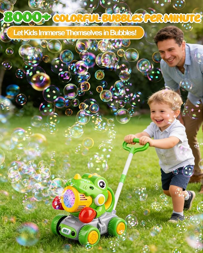 Dinosaur Bubble Lawn Mower for Toddlers, Rechargeable Automatic Bubble Blower with Lights,Handheld and Push 2 in1 Bubble Blower for Kid, Perfect for Party Favors and Activities for Girls and Boys