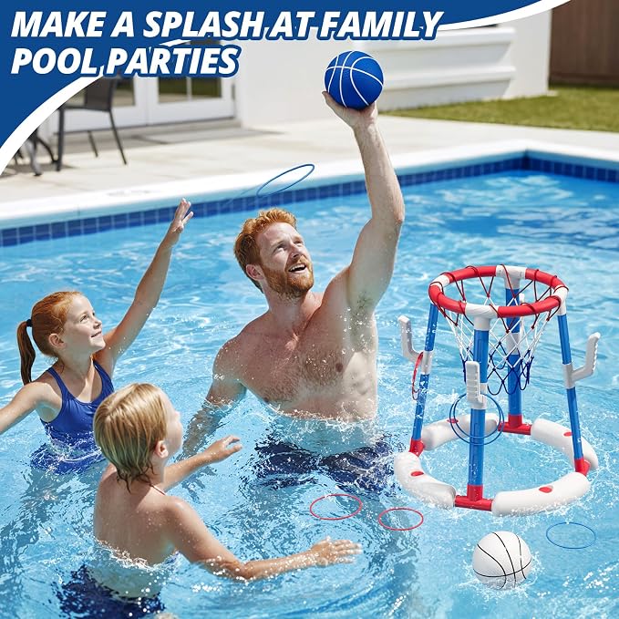 HYES 2 in 1 Pool Basketball Hoop with Ring Toss, Floating Pool Toys - Anti-Tip Stable Base - with 4 Balls/8 Rings/Pump - Summer Water Basketball Games Indoor Outdoor Gifts for Kids 4-8 & Adults, Red