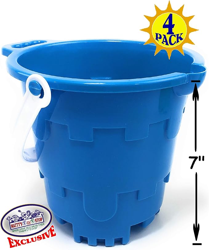 Matty's Toy Stop Beach Gear 7" Plastic Castle Mold Sand Buckets (Pails) with Easy Pour Spout and Handle Blue, Pink, Green & Yellow Party Set Bundle - 4 Pack