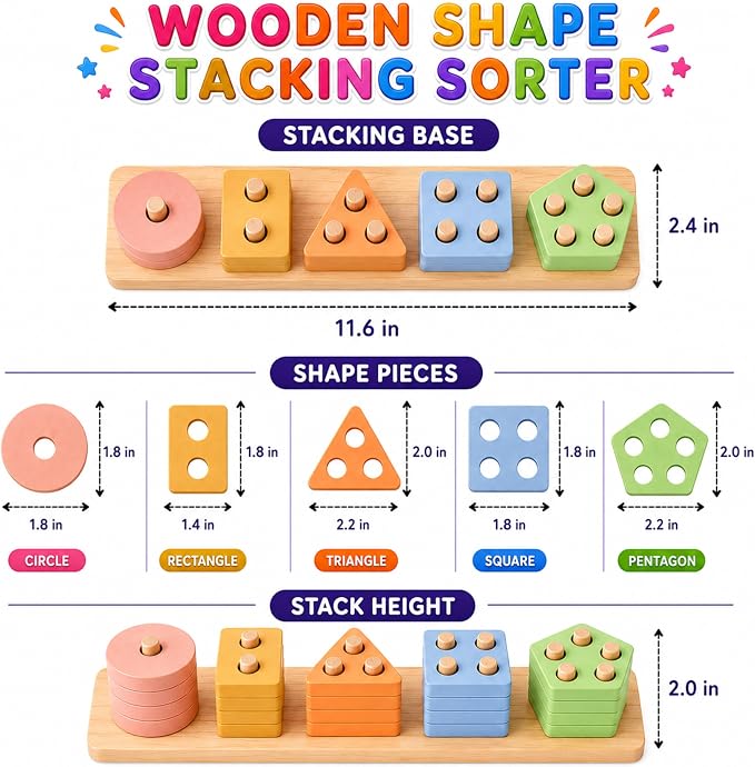 VYN & VYN Montessori Toys for 3+ Year Old Boys Girls, 2-in-1 Wooden Shape Sorter & 58 Flash Cards, Stacking and Sorting Toy, Color & Shape Matching Learning Puzzle, Educational Toy for Toddlers