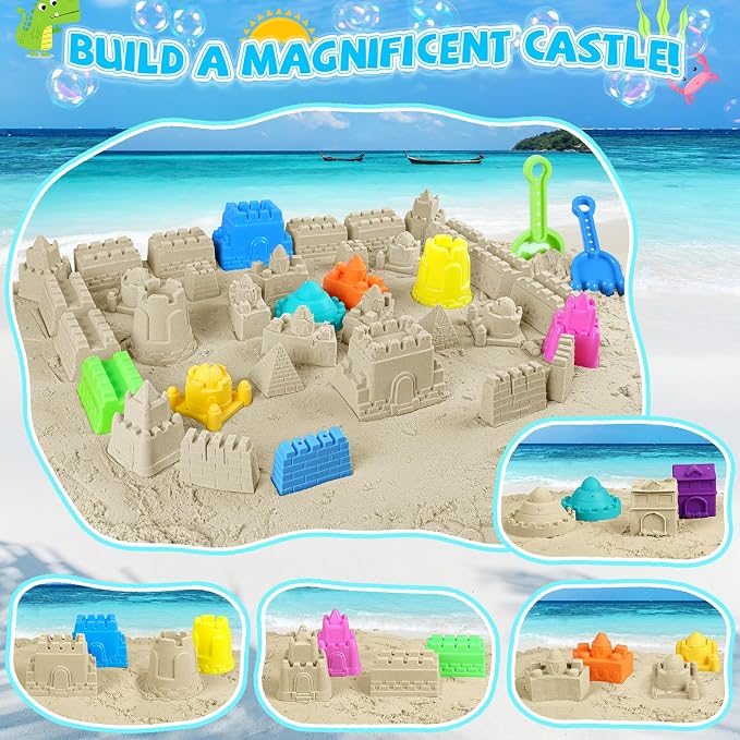 FHOZGECY Beach Sand Toys, 4 Construction Vehicles, 4 Collapsible Buckets, Sand Castle Molds with Travel Mesh Bags, Sandbox Play Set for Kids Ages 3-12, Multi‑Scene Play for Outdoor Summer Beach Games
