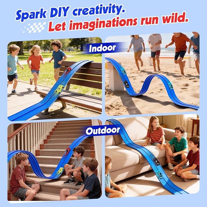 16-Ft Flexible Race Track Set for Kids, DIY Roll-Up Racetrack with 2 Launchers & 6 Mini Cars, Suction-Cup Portable Track Compatible with 1:64 Die-Cast Cars, Indoor & Outdoor Gift for Boys Girls 3+