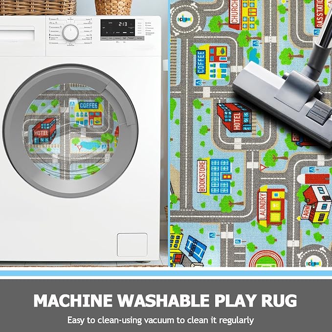 Capslpad Sky Blue Car Road Kid Rug Carpet Playmat for Playoom Traffic Road Kids Play Mat for Toddler Non Slip Washable City Map Race Track Carpet Rug for Kids Room Playroom Classroom Decor,6.6'x9.8'