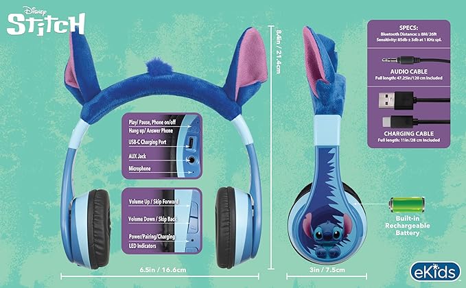 Disney Stitch Bluetooth Headphones for Kids, Wireless Headphones for School, Home or Travel