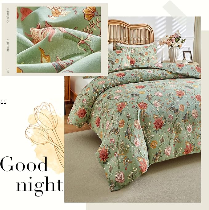 LifeTB Farmhouse Floral Comforter Full Comforter Set Botanical Flowers Vines Pattern on Green Floral Bedding Comforter Set Fluffy Soft Microfiber Aesthetic Bedding Botanical Comforter for All Seasons