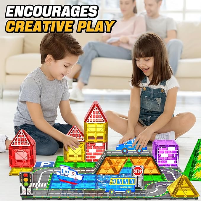 Magnetic Tiles City Road Set Kids Toys for 3 Year Old Boys Girls Magnetic Building Blocks with Cars Toys Construction Educational Magnets Tiles Gifts for Kids Toddlers Age 3-5 4-8 6 Christmas Birthday