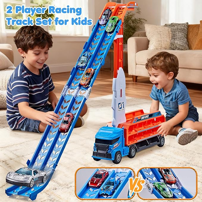 Race Track Truck Toys for 3 4 5 6 Years Old Kids - Carrier Truck Transport Car with 6 Die-Cast Cars Toys, 4-in-1 Truck with 2 Foldable Race Tracks, Christmas Birthday Gifts Toy for Toddler Boys, Blue