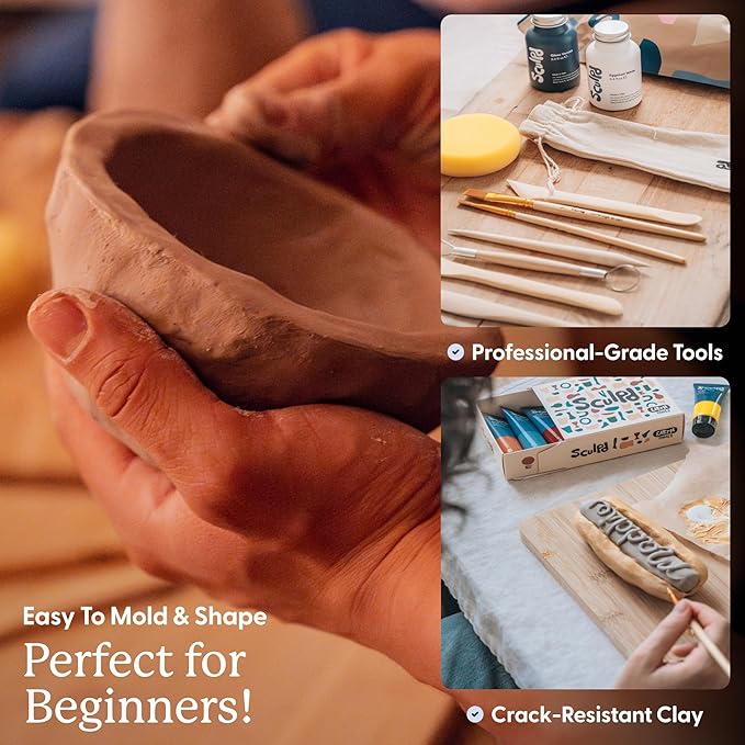 Sculpd - The Original Pottery Kit for Adults - Air Dry Clay for Adults, Tools, Varnish, Paints, Brushes, Couples Date Night Arts & Crafts Set, Gloss Varnish with Earth Tones