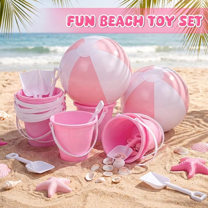 Lunmon 72 Pcs Beach Toys for Kids 24 Set Sand Buckets Shovels Bulk Pastel Beach Balls Inflatable Sand Toys for Girls Boys Toddlers Games Birthday Summer Pool Party Favor (Pink White, Vivid)
