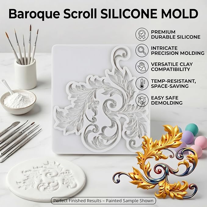 Baroque Style Curlicues Scroll Emboss Polymer Clay Molds Baroque Scroll Lace Silicone Mold for DIY Crafts Resin Casting Mold DIY Craft Air Dry Polymer Clay Tools Jewelry Making