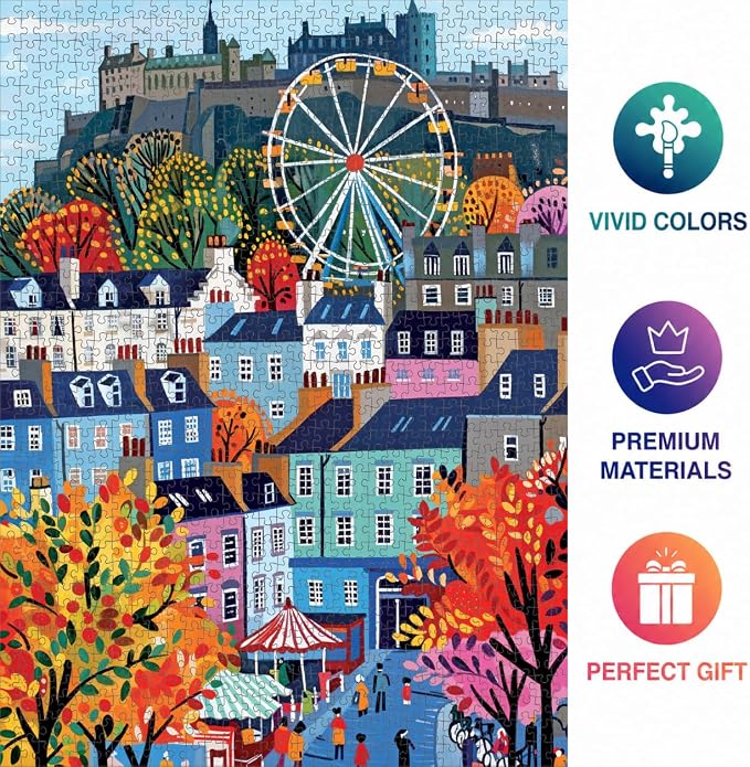 Cross & Glory – Castle & Carousel – 1000 Piece Jigsaw Puzzle for Adults | Colorful Edinburgh Folk Art Puzzle | Bright Scottish City Artwork | Premium Ribbon-Cut Puzzle with Satin Finish