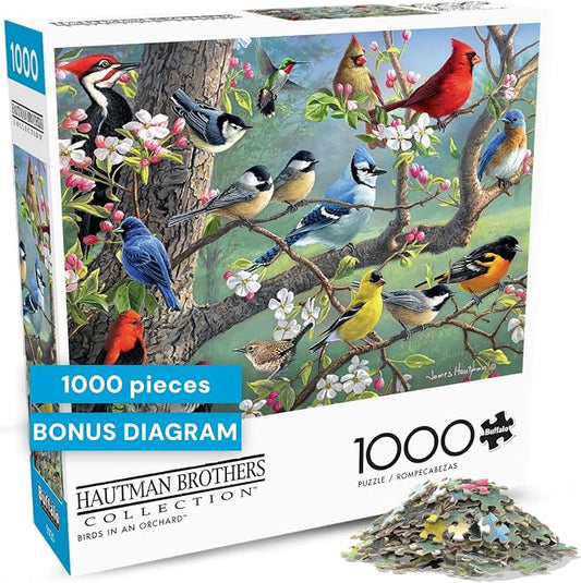 Buffalo Games Hautman Brothers - Birds in an Orchard - 1000 Piece Jigsaw Puzzle for Adults - 26.75 x 19.75 in, Poster Included - Precision Cut Pieces - Jigsaw Puzzles for Adults - Bird Scene