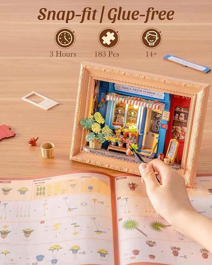 ROBOTIME Daily Fresh Flower 3D Puzzle DIY Miniature House Kit: Build Your Own Floral Photo Frame for Adults, Charming Wooden Dollhouse Model for Home Decor & Handmade Gifts