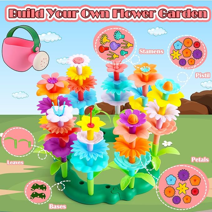 FUNZBO Girl Flower Garden Building Toys Set - Birthday Gifts for Age 3 4 5 6 7 8 Years Old Girls, STEM Montessori Educational Toy for Toddler Kids, Sorting & Stacking Spring Gardening Set