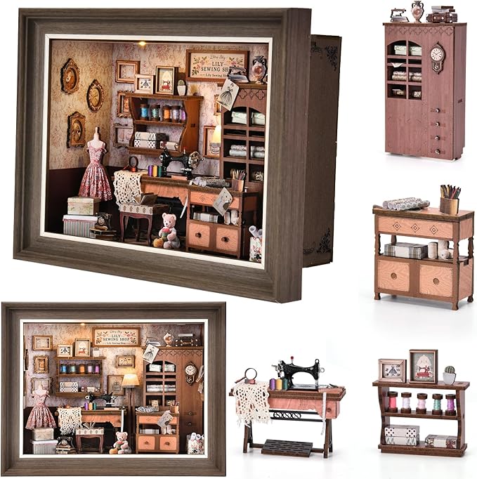 Book Nook Kit - 3D Wooden Puzzle with LED Switch Control & Wall-Mountable Frame，DIY Miniature House for Beginners，Bookshelf/Tabletop/Wall Decor for Craft Lovers，Dollhouse Gift (Lily Sewing Shop)