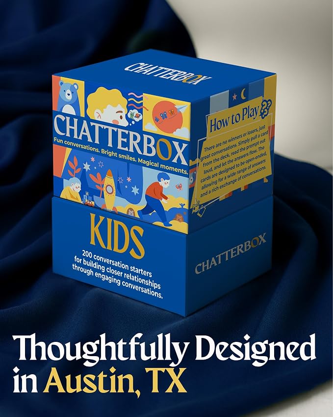 Chatterbox Conversation Cards for Kids, 200 Questions Designed for Kids and Children to Share, Connect and Enjoy Family Game Night, Family Reunion, Dinner Table, School Group Events & Road Trips