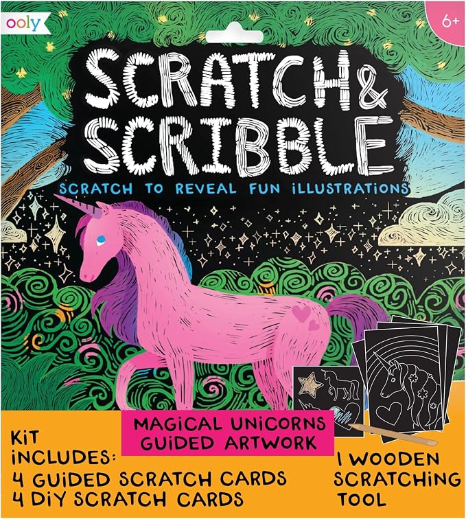 Ooly Scratch & Scribble Travel Crafts for Kids – 1pc Art Kit, Portable Car & Airplane Activity, 8 Scratch Cards + Wooden Stylus + Stickers, Ages 6+ – Unicorns