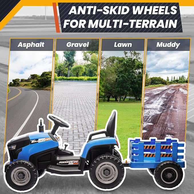 JOYRACER 24V Ride On Toys for Kids, Electric Ride on Tractor w/400W Motors, Tiltable & Detachable Trailer, Adjustable Seat, Bluetooth, Music, Remote Control Tractor Toys for Boys, Sapphire
