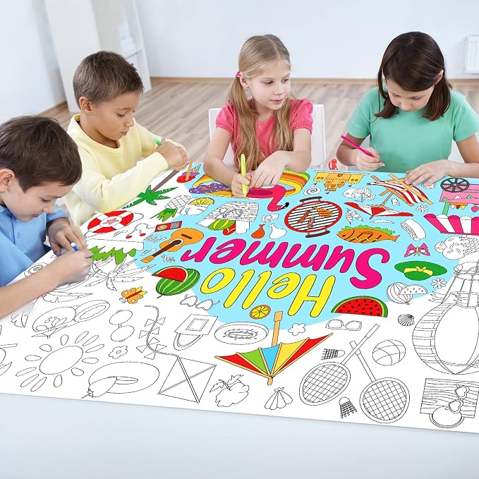 ZOIIWA Hello Summer Coloring Poster Giant Coloring Poster Large Summer Coloring Tablecloth Jumbo Coloring Books Classroom Home Birthday Party Supplies Favor 31.4 x 43.3 Inch