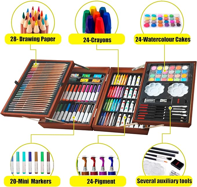 KINSPORY Art Sets, 139 Pack Painting Drawing Art Supplies Kit with 2 Sketch Pads, Deluxe Double Layers Crafts, Colored Pencils, Oil Pastels, Watercolor Paints, Gift for Artists Kids (Brown)