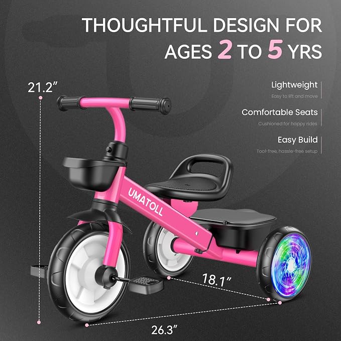 Umatoll Tricycle for Toddlers 2-5 Year Old, Ajustable Toddler Bike Outdoor Toys, Birthday Gift for Girl Boy Age 2-4, Trike with Light up Wheels (Rose)