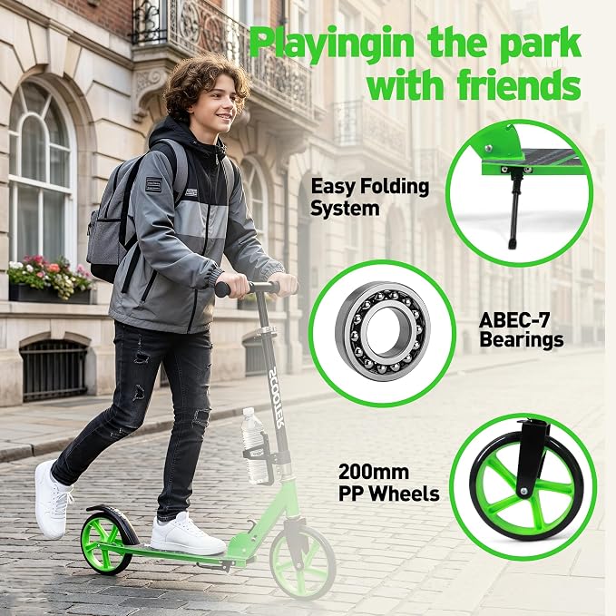 Scooter for Kids Ages 6+, Teens & Adults, Max Load 240 LBS, Foldable Kick Scooter with 8-inch Big Wheels, Kickstand, 3 Adjustable Levels, Rear Brake,