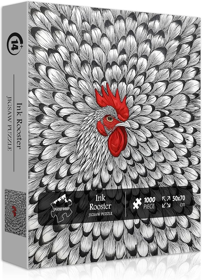 Impossible Puzzle for Adults 1000 Pieces, PICKFORU Funny Chicken Puzzle Abstract Art, Animal Rooster Jigsaw Puzzle Black White