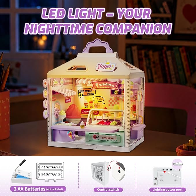 MINDNOOK DIY Miniature House Kit, LED Light-Up Dollhouse, Mini Dollhouse Building Set with Furniture, Craft Hobby Gift for Adults, Teens & Kids Ages 6+ (Ice Cream Shop)