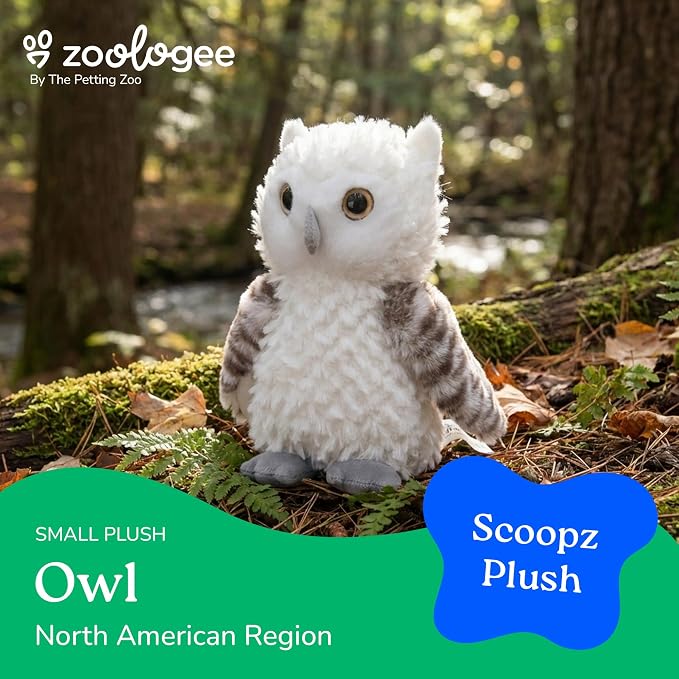 The Petting Zoo Owl Stuffed Animal Plushie, Gifts for Kids, Scoopz Wildlife Animals, White Owl Plush Toy 8 Inches