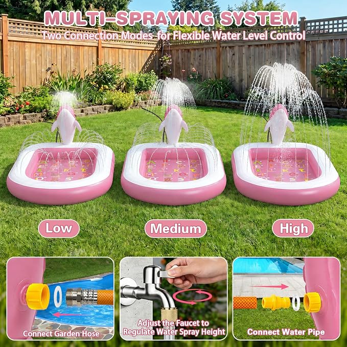Splash Pads for Toddlers 1-3, Dolphin Toy Sprinkler for Kids, Outdoor Play Mat for Babies, 68" Backyard Inflatable Kiddie Pool, Splash Pad for Kids Ages 4-8, Birthday Gifts for 1 Year Old Boy Girl