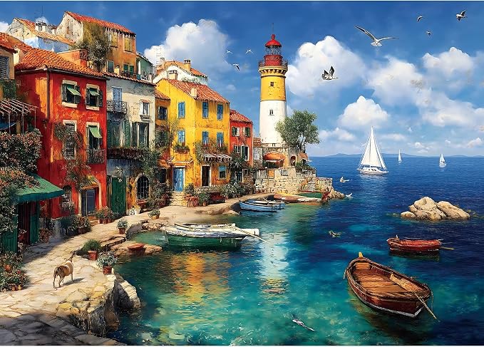 Summer Colorful Coastal Village 1000 Piece Puzzle for Adults, Fun Puzzles for Adults 1000 Pieces with HD Print & Poster, 27.5 * 19.7 in Dust Free, for Gifts Halloween Christmas Family Games Lovers