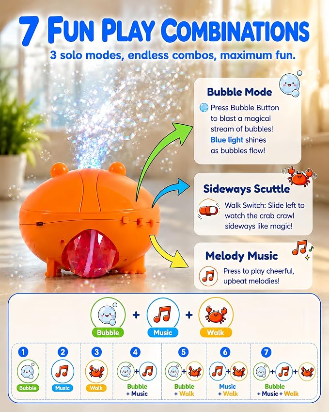 Rechargeable Bubble Machine for Kids, 360° Rotating Crawling Crab 10000+ Bubbles/Min with Music & LED, Automatic Obstacle Avoidance Bubble Maker Toy for Outdoor Garden Parties Birthday Gift