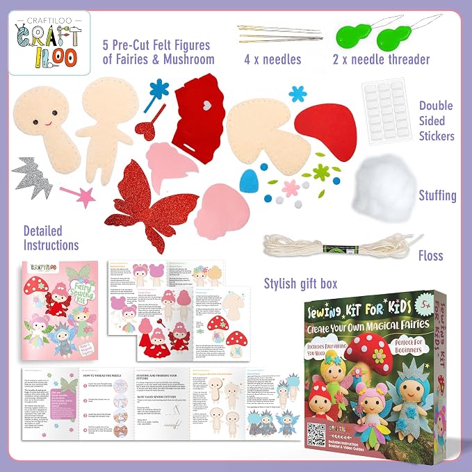CRAFTILOO Fairy Sewing Kit for Kids Ages 5-12 – Beginner Sewing Kit with 5 Pre-Cut Felt Projects – Make Your Own Stuffed Animal Plush Dolls – Fun Girls Craft Kit, Learn to Sew Gift for Kids
