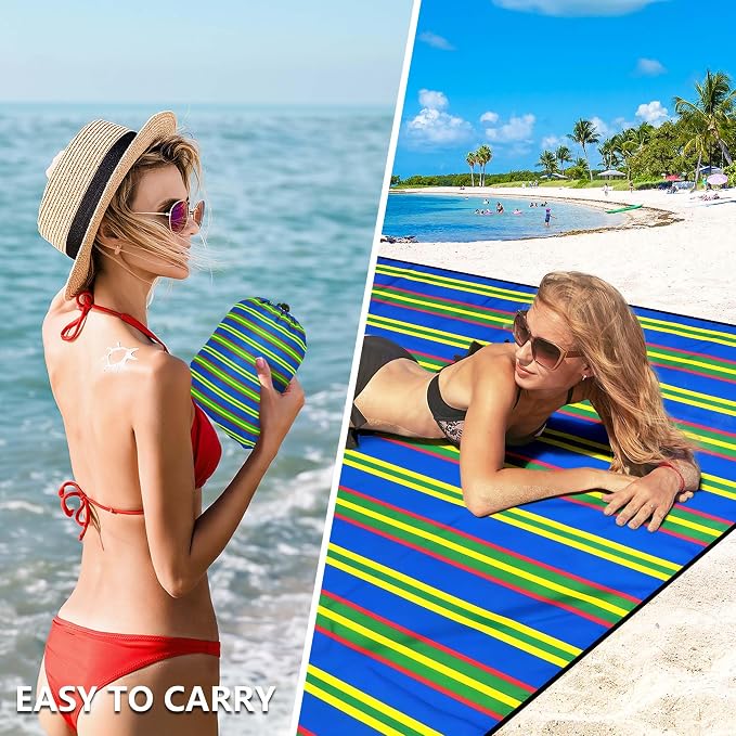 WIWIGO Beach Blanket Waterproof Sandproof Beach Mat 79" X 83"/10'x9'for 2-8 Adults Quick Drying Outdoor Picnic Mat Beach Accessories for Travel, Camping, Hiking