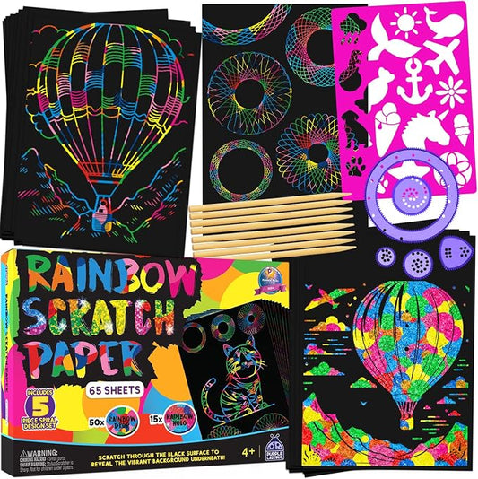 PURPLE LADYBUG Rainbow Scratch Art Paper, 79 PCS Creative Drawing Paper & Stencils - Arts and Crafts for Ages 4-12, Kids Craft Activity Set, Summer Activities for Kids, Travel & Wedding Activities