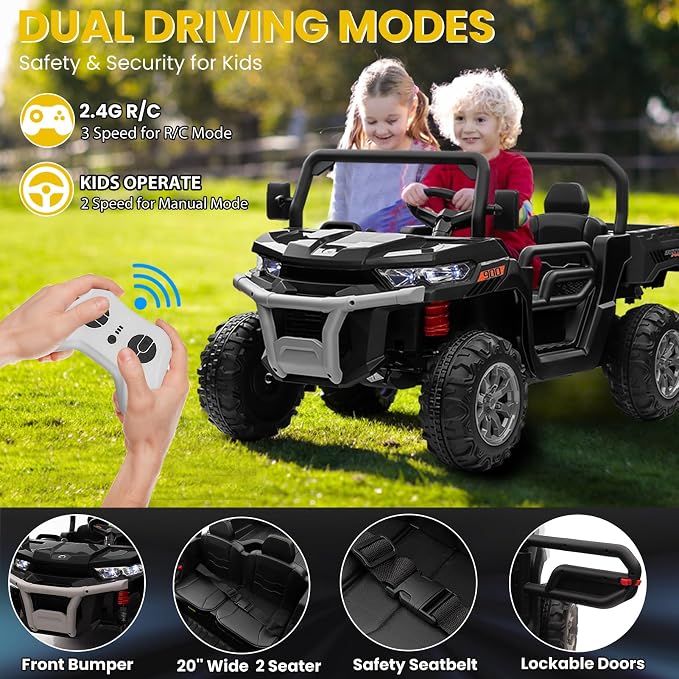 24V 4WD Ride on Truck Car w/4X200W Motor, Dump Bed, Gift Flower, 2 Seaters, Remote Control, 4 Wheeler, LED Light, Music, 24 Volt Ride on Toys for Big Kids Girls 3-8, Black