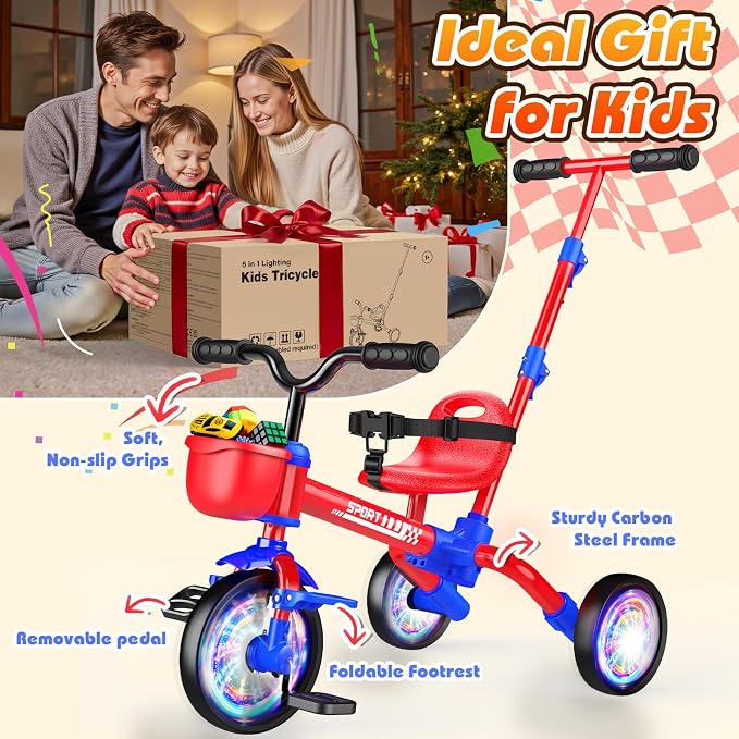 Kkdi 5 in 1 Toddler Bike for 1-5 Year Old, Tricycle with Push Handle, Convertible Baby Balance Bike, Bicycle, Color Light Wheel & Detachable Pedal, 4-Position Seat, Boys Girls Birthday Gift, Toy