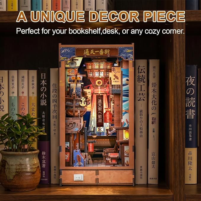 Cutefun Book Nook Kit - DIY Miniature Japanese Osaka Shinsekai Alley | 3D Wooden Puzzle 370 Pcs Bookshelf Insert with LED Light, Vintage Food Street Decor for Adults (Tsutenkaku Ichiban Street)