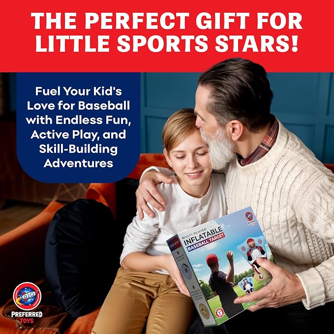 Preferred Toys Inflatable Baseball Pitching Target for Kids 3 and Above - Double-Sided Throwing Toss Game with 4 Soft Balls - Indoor Outdoor Baseball Toys Training Equipment - Red/Blue