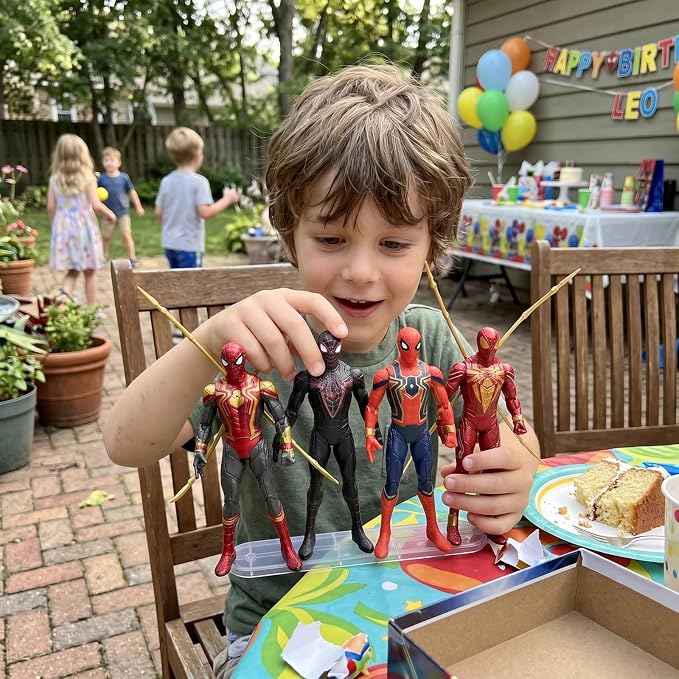 4PCS Spider Hero Action Figures Set, 7 Inch Movable Superhero Figurines with Display Base, Multi Suit Collectible Toys for Fans, Desk Decoration and Gifts