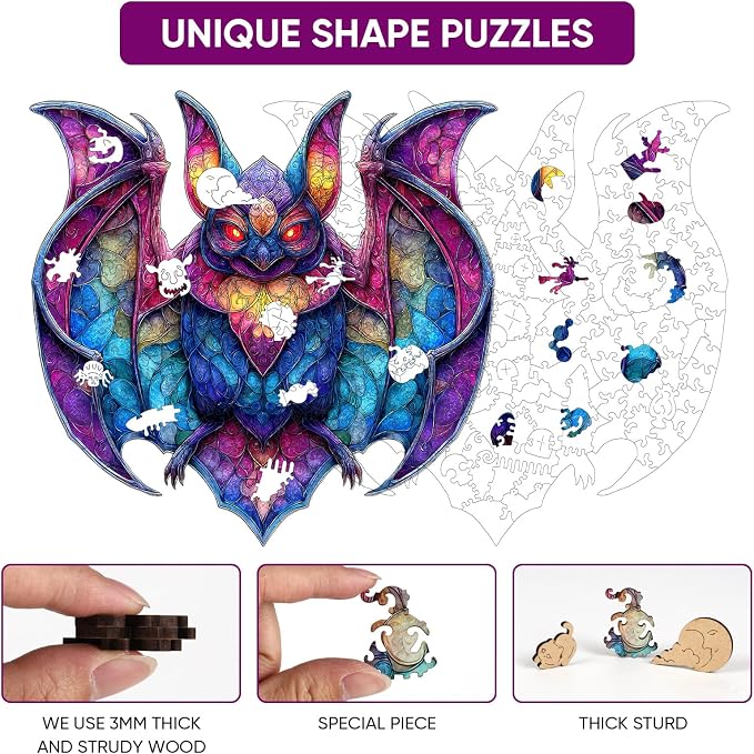 MEATRN Wooden Puzzles for Adults and Kids - Stained Glass Bat Wood Jigsaw Puzzle, Mystical Nocturnal Creature, Relaxing Family Game, Festival Decorative Gift, 503 Pcs, 16.7x16.3 in