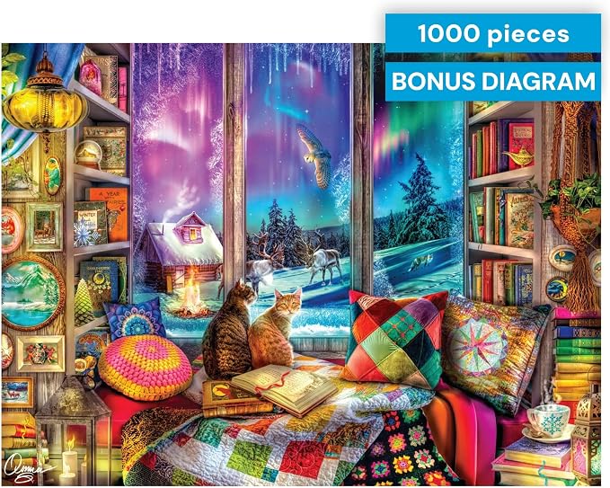 Buffalo Games - 1000 Piece Jigsaw Puzzle - Aimee Stewart - Northern Lights Cats - Winter Scene - Challenging Puzzles for Adults and Families